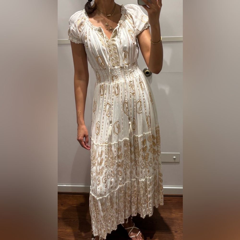 Elegant White Maxi Dress with Gold Embroidery